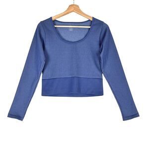 Aerie Workout Crop Top Sz XL Blue Sidewalk Seamless Rib Knit Long Sleeve Stretch